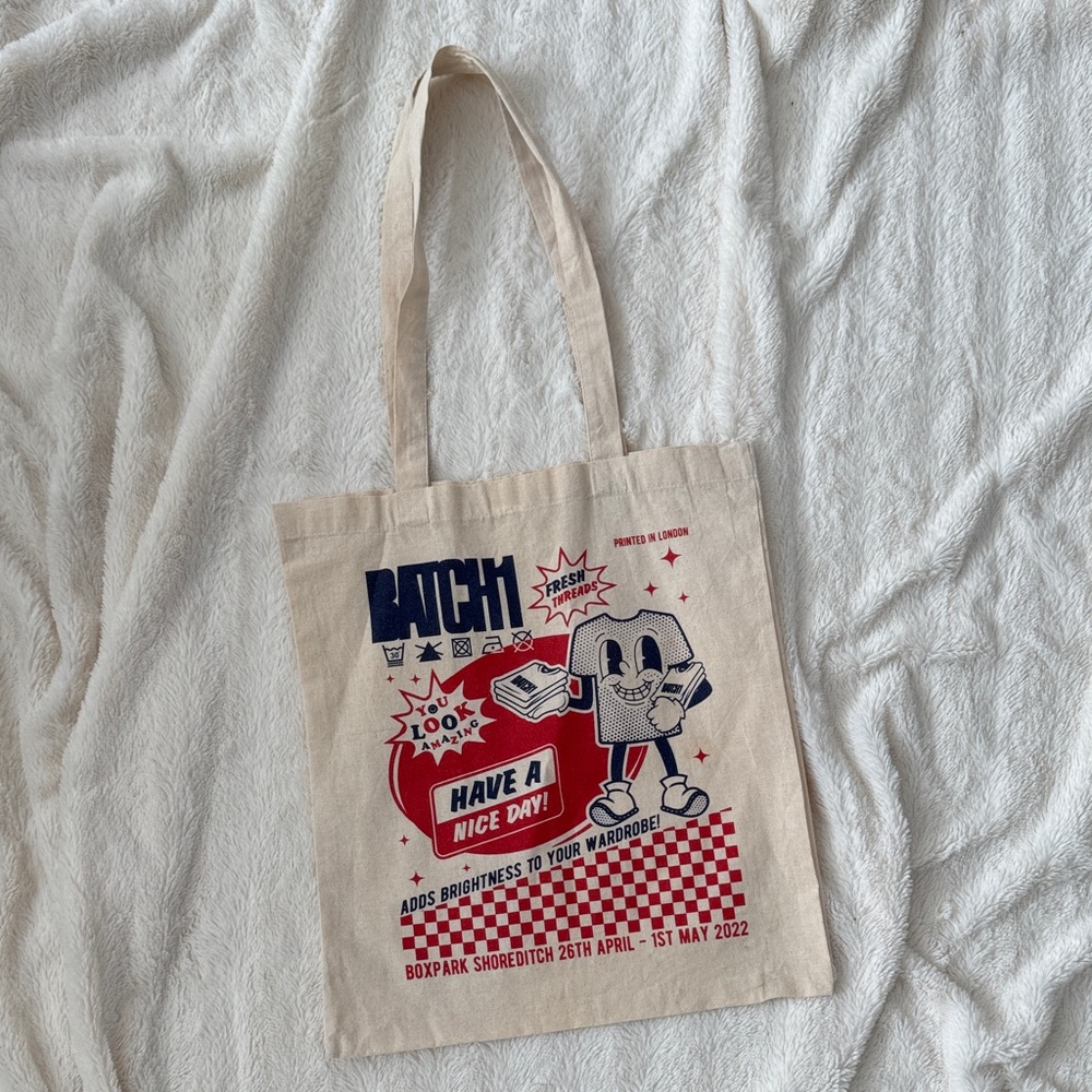 Graphic Canvas Tote Bag with Red & Navy Print